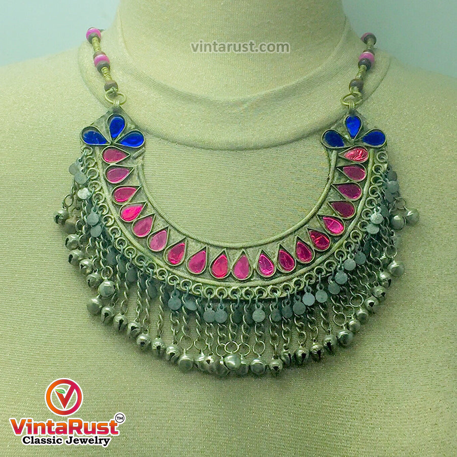 Beaded Chain Choker Necklace With Pink Glass Stones