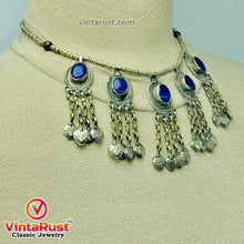 Load image into Gallery viewer, Beaded Chain Choker Necklace With Dangling Tassels and Blue Stone
