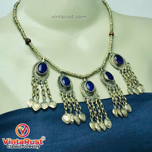 Load image into Gallery viewer, Beaded Chain Choker Necklace With Dangling Tassels and Blue Stone
