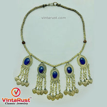 Load image into Gallery viewer, Beaded Chain Choker Necklace With Dangling Tassels and Blue Stone
