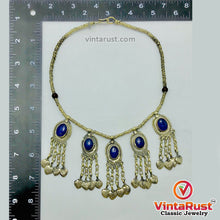 Load image into Gallery viewer, Beaded Chain Choker Necklace With Dangling Tassels and Blue Stone
