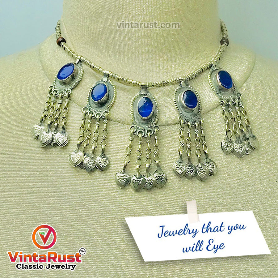 Beaded Chain Choker Necklace With Dangling Tassels and Blue Stone