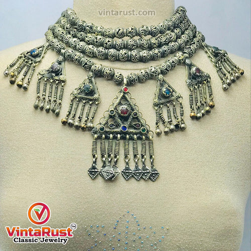 Beaded Chain Necklace With Dangling Seven Pendants