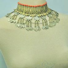 Load image into Gallery viewer, Rustic Choker Necklace with Golden Metal Motifs and Vintage Coins
