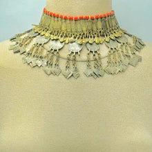 Load image into Gallery viewer, Rustic Choker Necklace with Golden Metal Motifs and Vintage Coins
