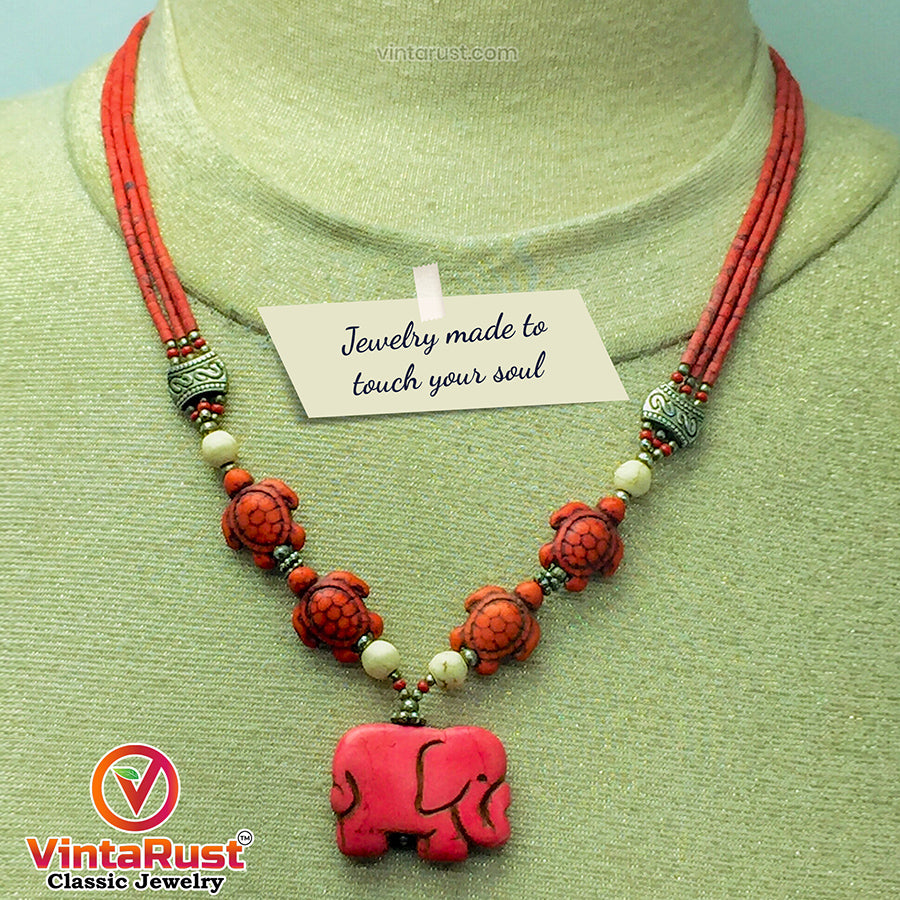Beaded Multilayer Necklace with Elephant Shape Pendant