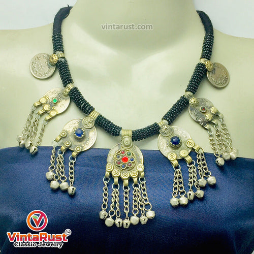 Black Beaded Necklace With Dangling Coins Pendants