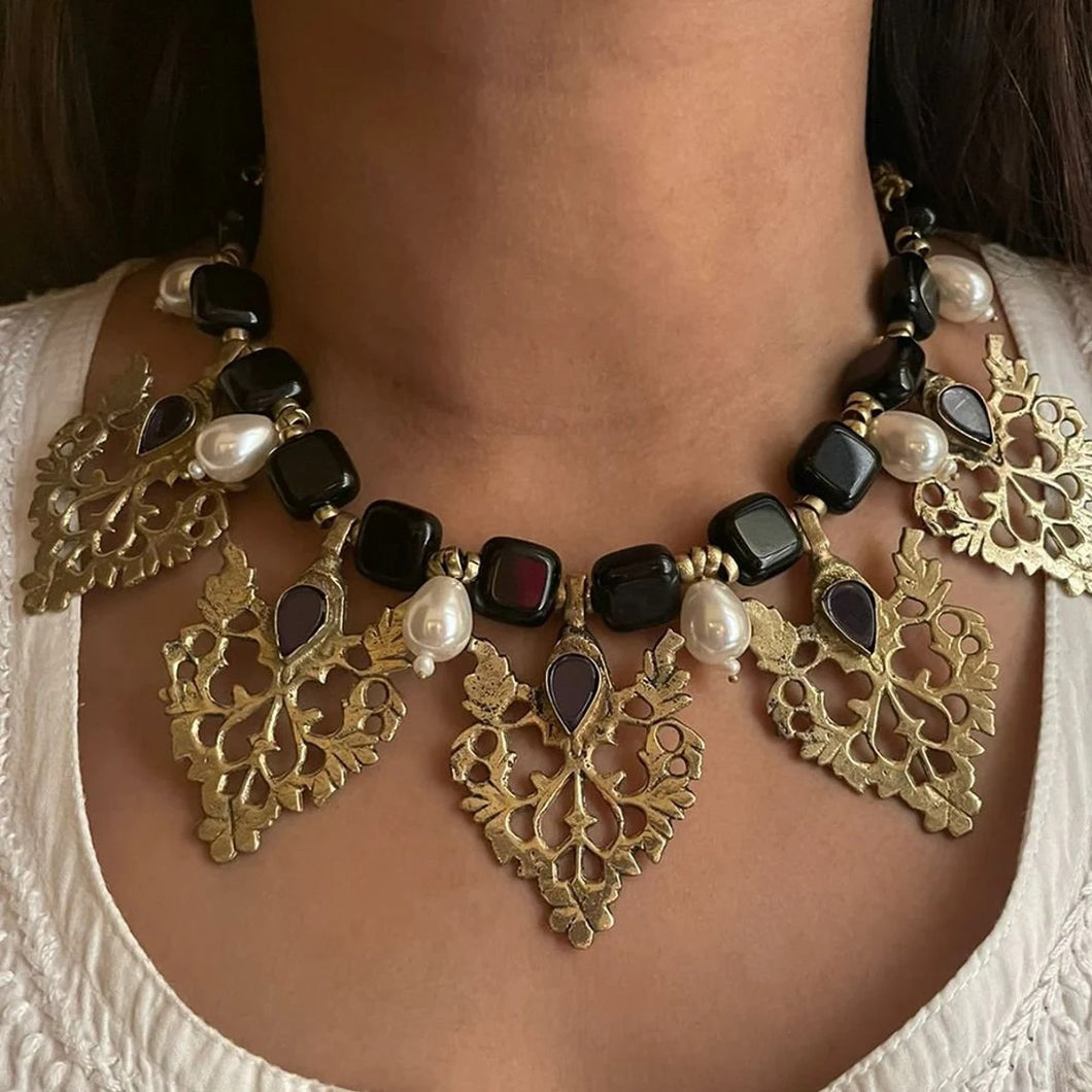 Stunning Black Stones and Motif Choker Necklace