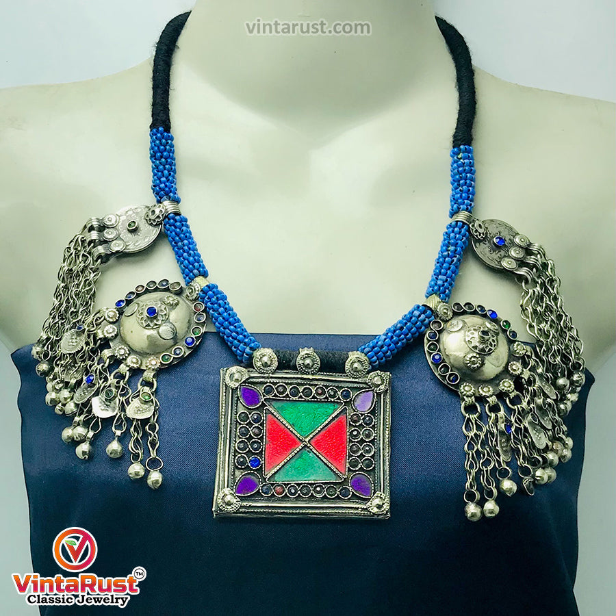 Blue Beaded Necklace With Dangling Pendants