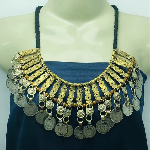 Vintage Coins Choker Necklace With Beaded Multilayers Chains