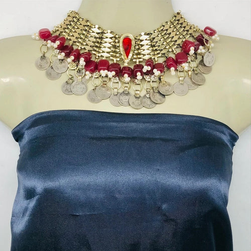 Coins Choker Necklace With Red Stone and Beads