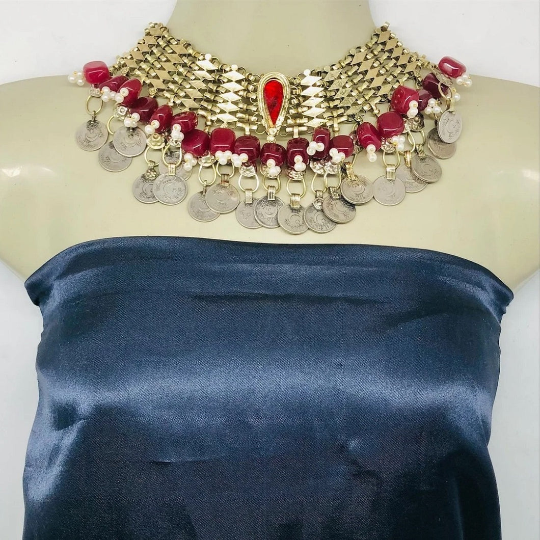 Coins Choker Necklace With Red Stone and Beads