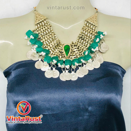 Coins Choker With Green Glass Stones