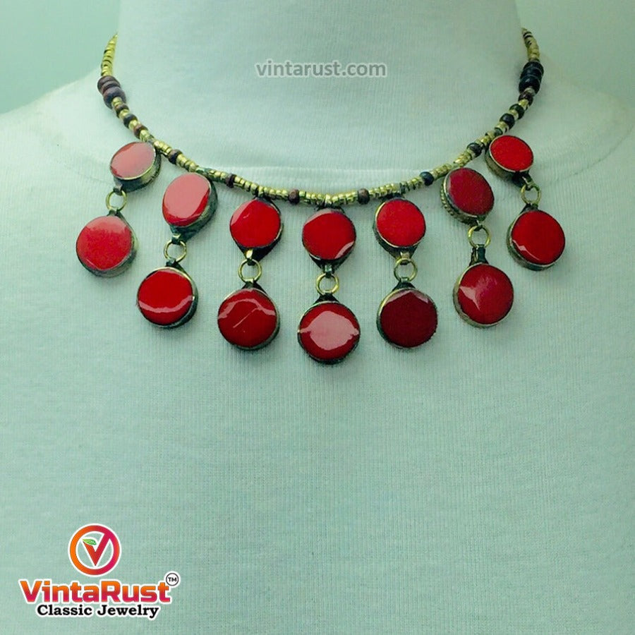 Coral Stone Beaded Choker with Rings and Earrings