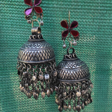 Load image into Gallery viewer, Dangling Earrings with Pink Glass Stones And Silver Bells
