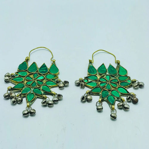 Ethnic Glass Stones Floral Earrings With Silver Bells