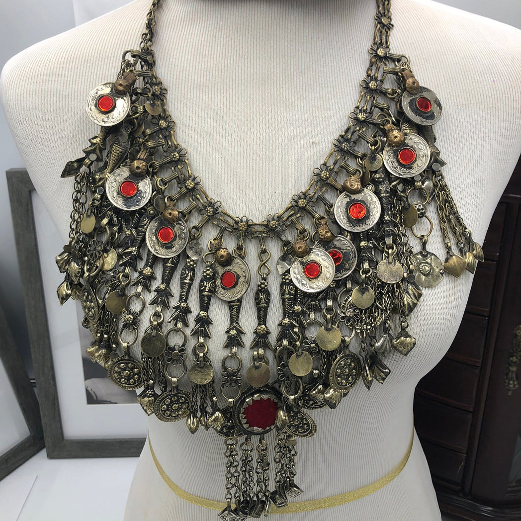 Oversized Bib Necklace With Glass Stones and Dangling Tassels
