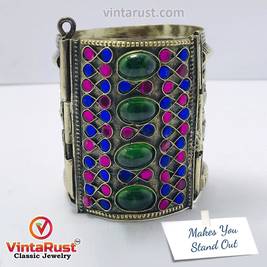 Vintage Gypsy Cuff Bracelet With Big Glass Stones