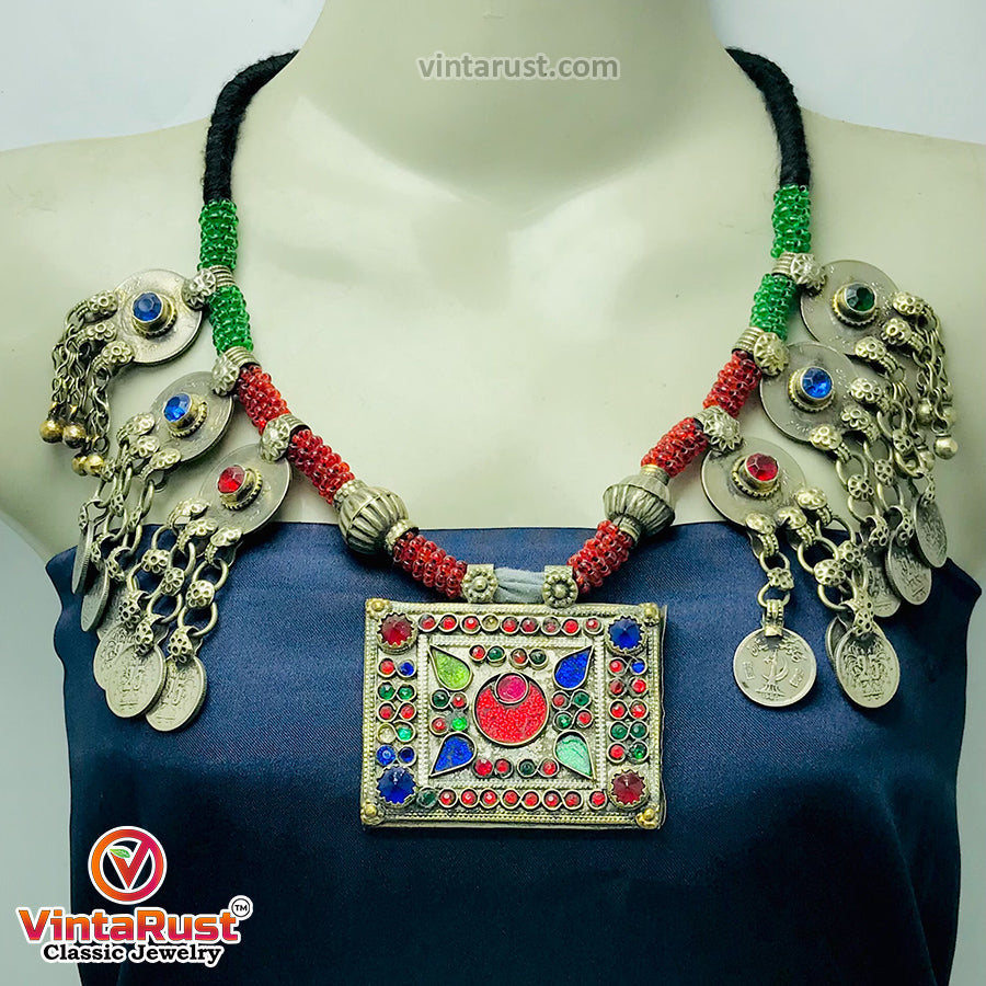 Green and Red Beaded Necklace With Vintage Coins