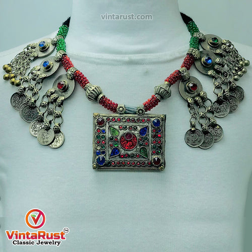 Green and Red Beaded Necklace With Vintage Coins