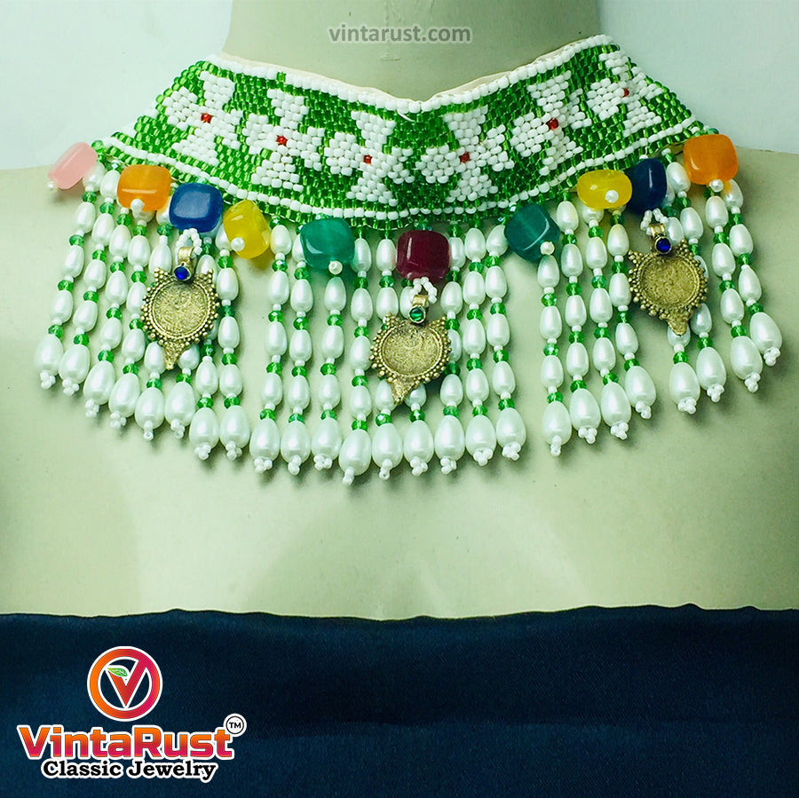 Green and White Beaded and Pearls Choker Necklace