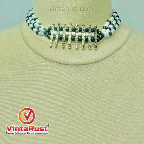 Green and White Beaded Multilayers Chains Necklace