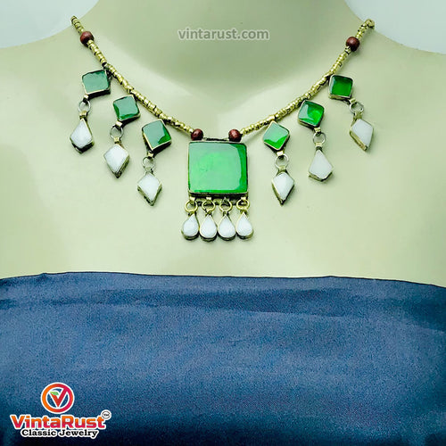 Green and White Stone Necklace