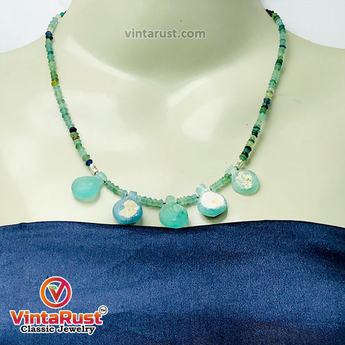 Green Beaded Chain Necklace With Dangling Stones