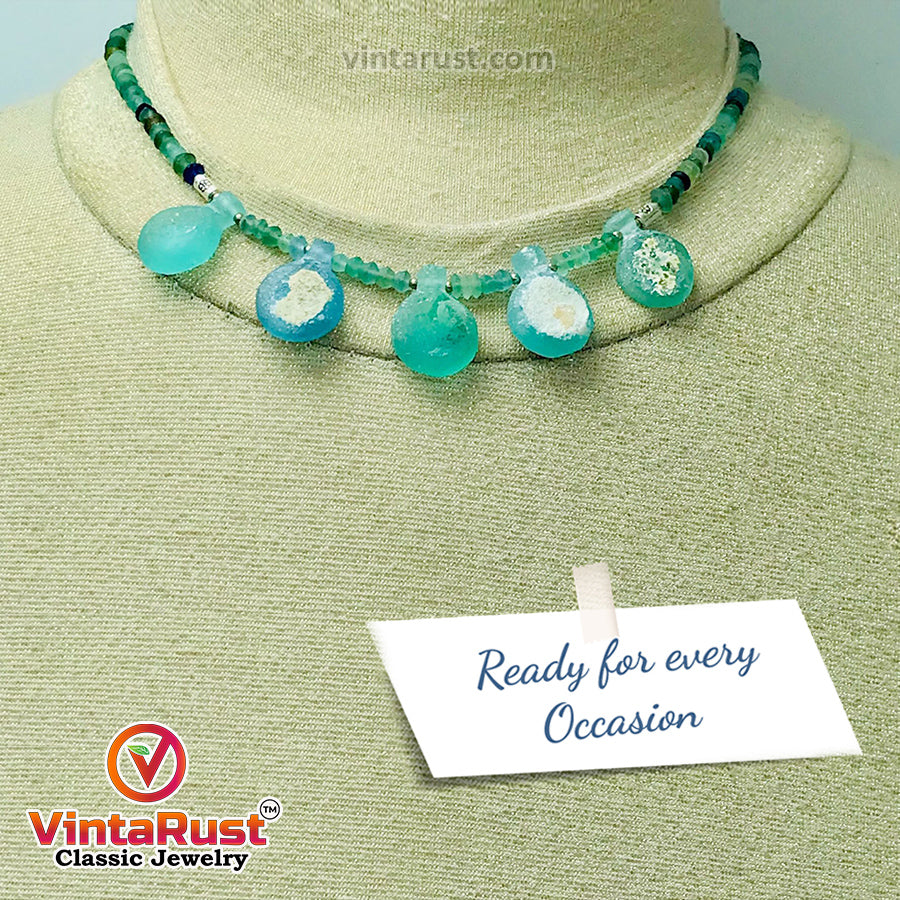 Green Beaded Chain Necklace With Dangling Stones