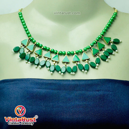 Green Beaded Stone and Small Pearls Necklace