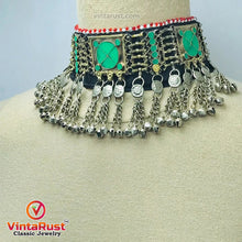 Load image into Gallery viewer, Green Choker Necklace With Dangling Silver Bells
