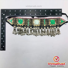 Load image into Gallery viewer, Green Choker Necklace With Dangling Silver Bells
