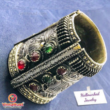 Load image into Gallery viewer, Gypsy Kuchi Bracelet With Glass Stones, Hinged Vintage Cuff

