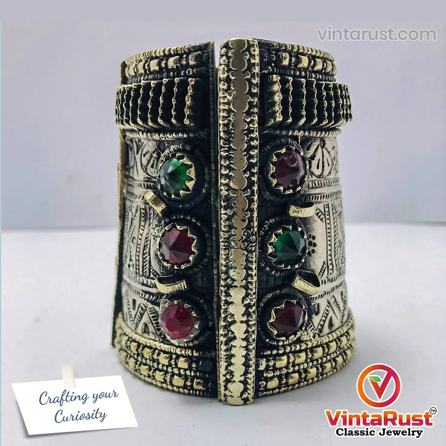 Gypsy Kuchi Bracelet With Glass Stones, Hinged Vintage Cuff