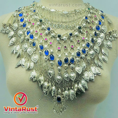 Gypsy Silver Kuchi Massive Choker Necklace With Blue Glass Stones