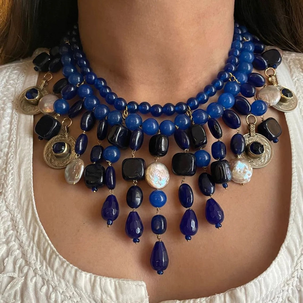 Handcrafted Lapis Choker Mala Necklace With Vintage Coins