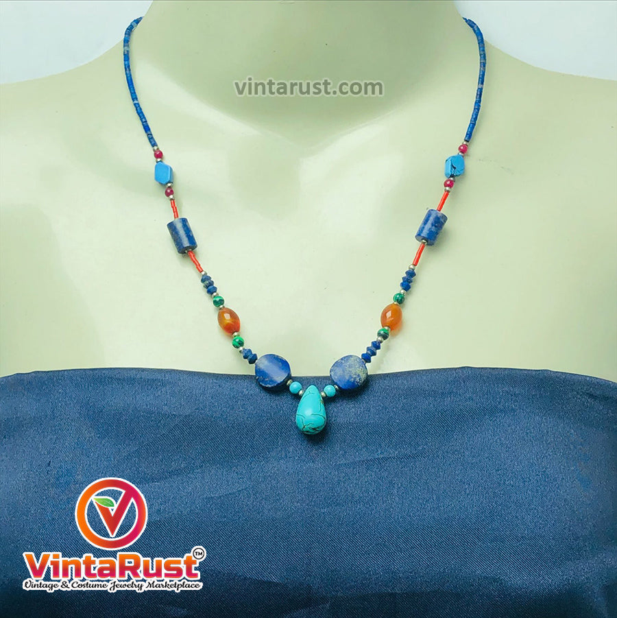 Lapis and Turquoise Stones Beaded Necklace