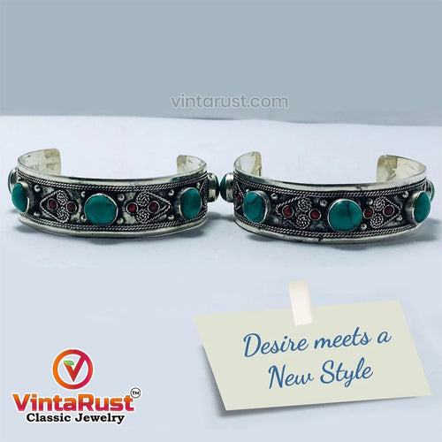 Handmade Cuff Bracelet inlaid with Stones and Beads