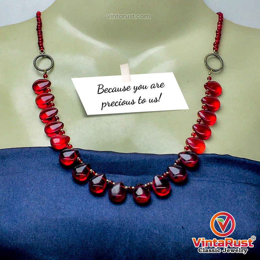 Handmade Beaded Chain Choker Necklace With Red Glass Stones