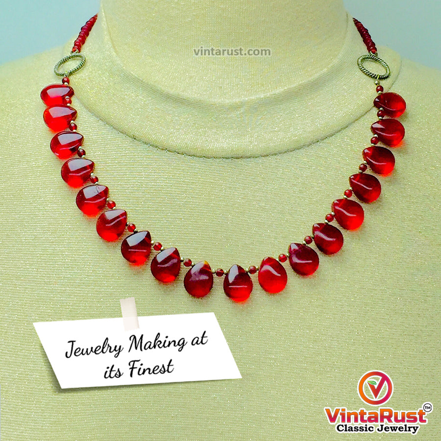 Handmade Red Beaded Chain Choker Necklace