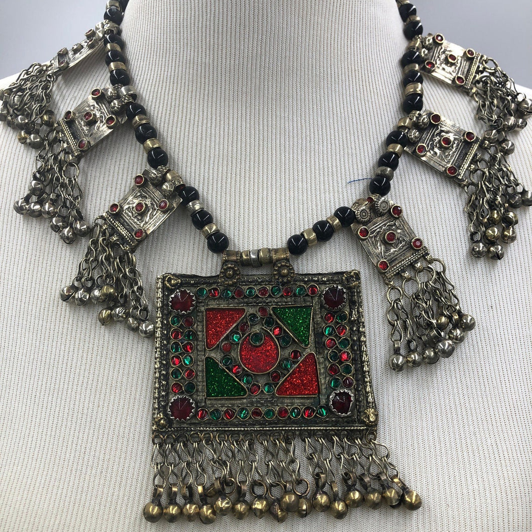 Heavily Embellished Afghan Beaded Dangling Tassels Necklace
