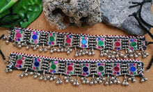 Load image into Gallery viewer, Afghan Silver Choker with Multicolor Glass Stones and Bells
