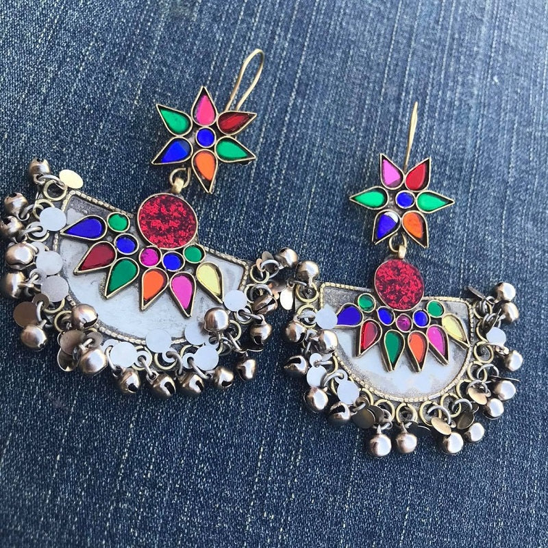 Multicolor Glass Stones Kuchi Silver Earrings