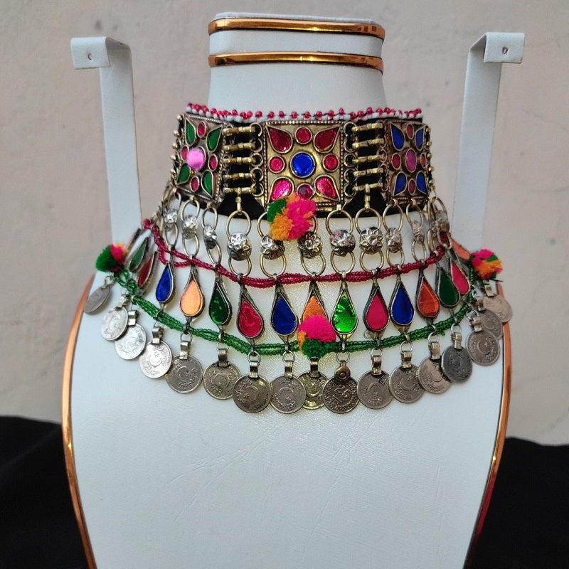 Afghan Multicolor Glass Stone Kuchi Coins Necklace