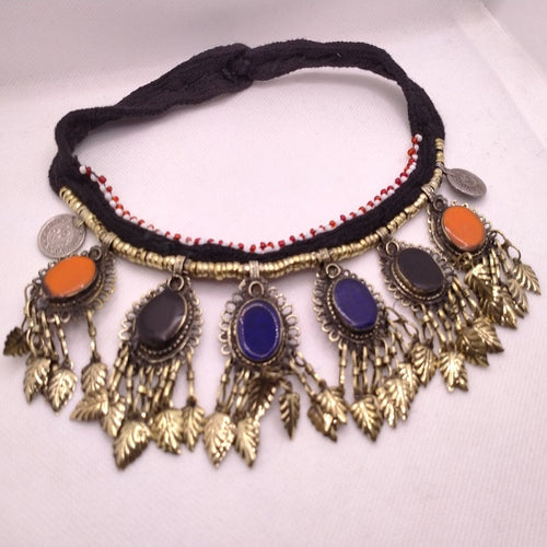 Tribal Choker Necklace With Stones and Dangling Tassels