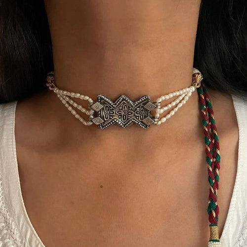 Tribal Motif Choker Necklace With Pearls Beaded Chain
