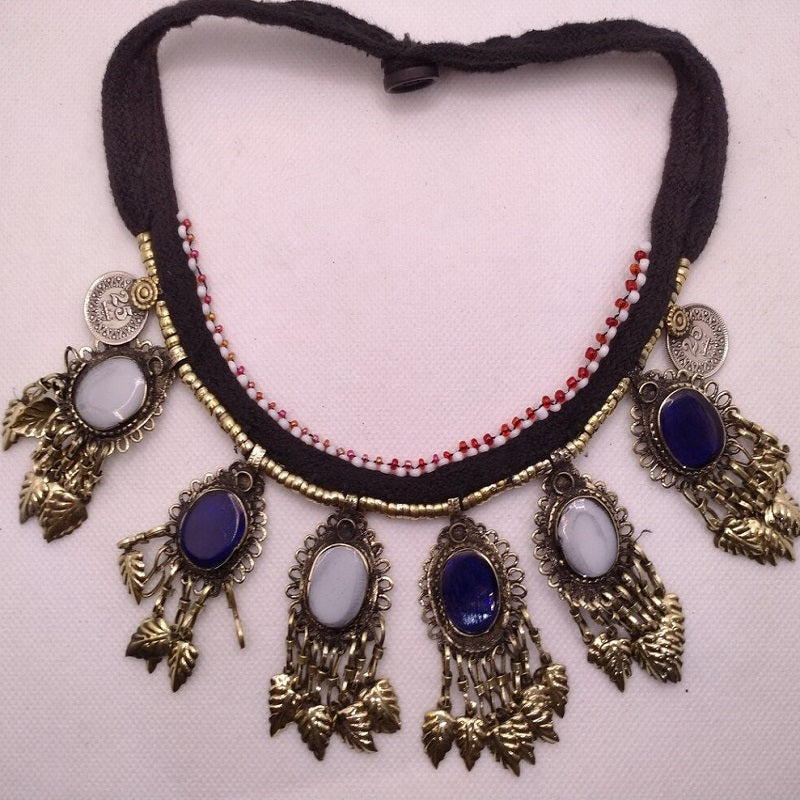 Tribal Choker Necklace With Stones and Dangling Tassels
