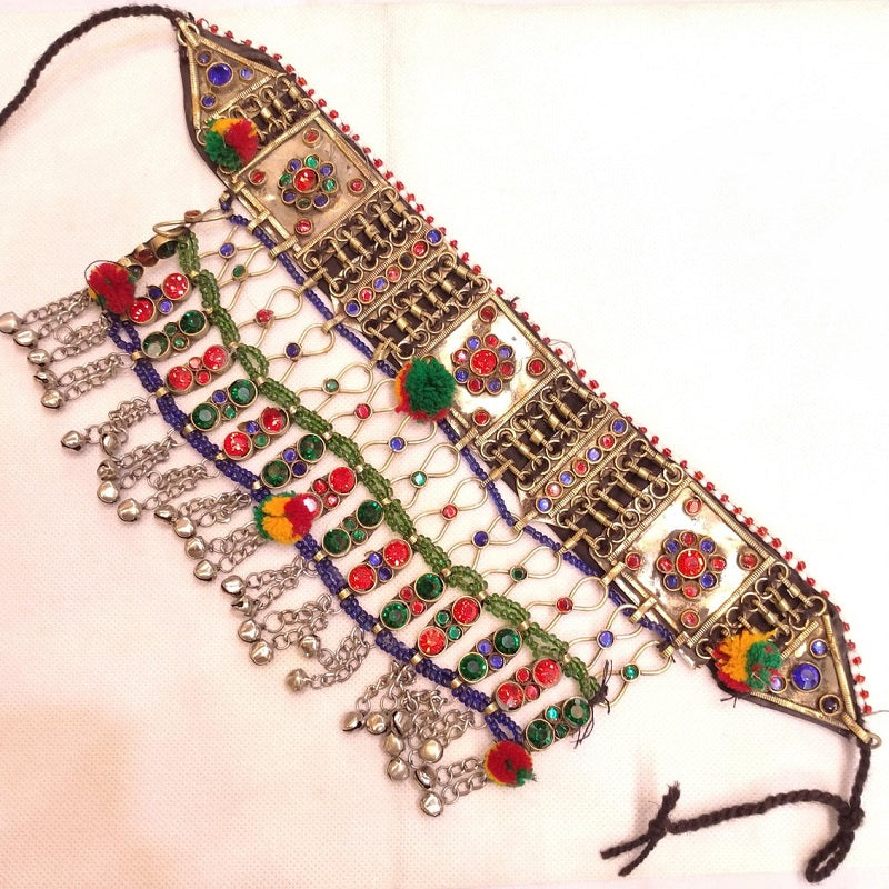 Multicolor Glass Stones Choker Necklace, Tribal Boho Kuchi Choker Necklace