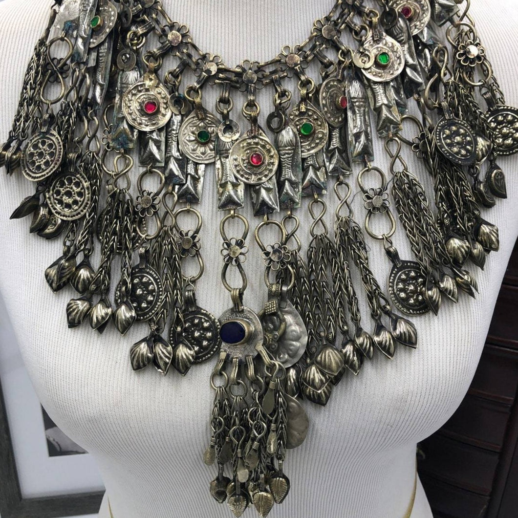 Silver Kuchi Dangling Tassels Oversized Necklace