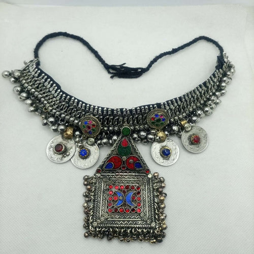 Boho Silver Kuchi Big Choker Necklace With Dangling Pendant